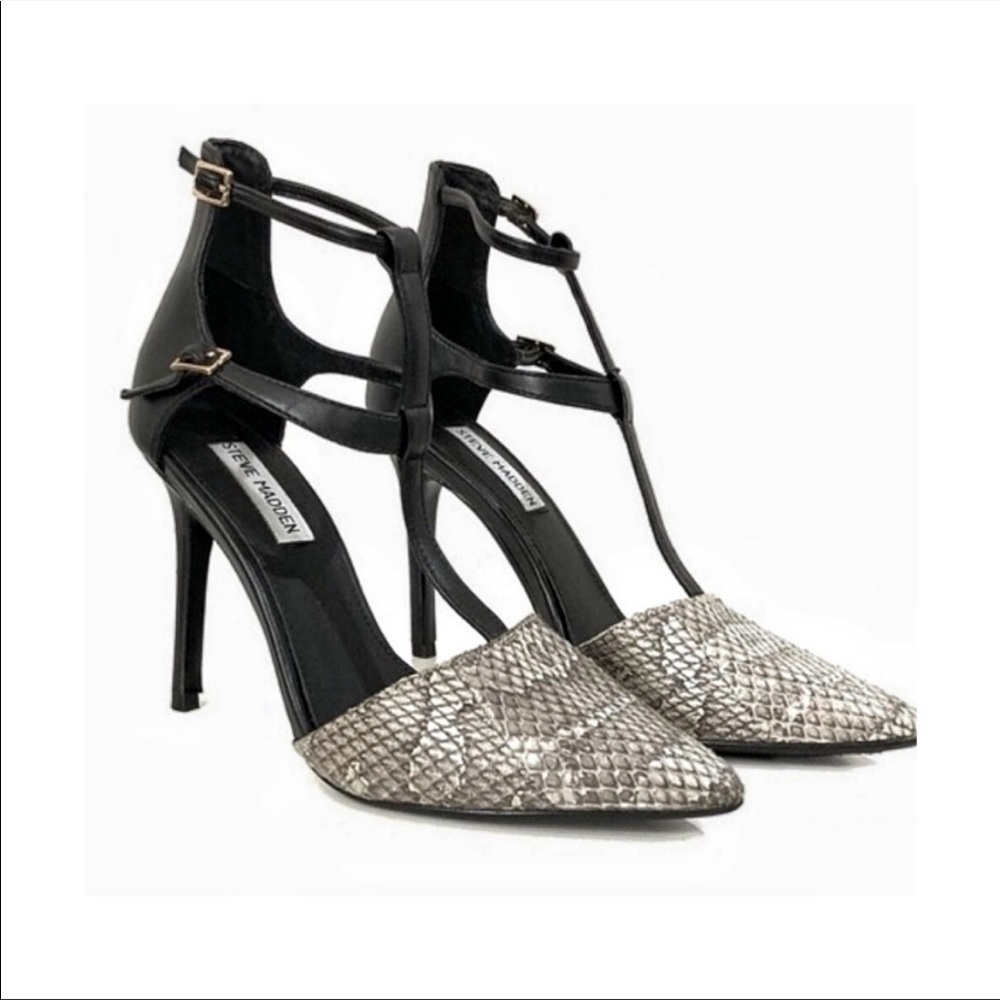 Steve Madden Black Strappy Heels with Silver Snakeskin Toe